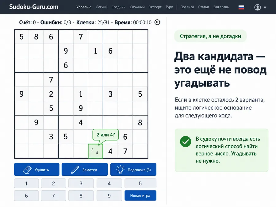 Два кандидата в клетке судоку — это еще не повод угадывать